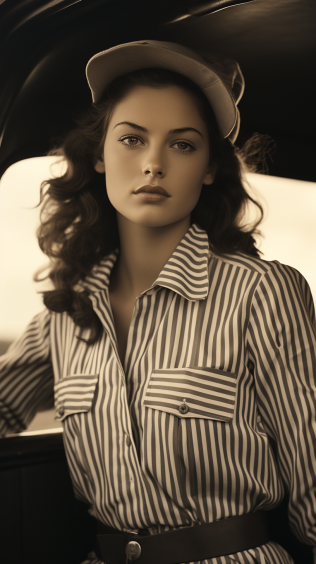 A black and white image of a 1940s woman wearing a utility dress, showcasing the simple designs and functional features typical of the era.